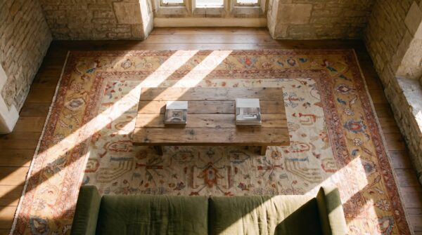 Light cream color antique tribal geometric room size persian sultanabad rug 2 Light cream color antique tribal geometric room size persian sultanabad rug (sku 23334) - styled overhead view