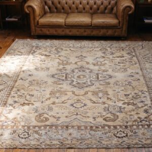 Light Cream Color Antique Tribal Geometric Turkish Room Size Oushak Carpet (SKU 18870) - styled overhead view