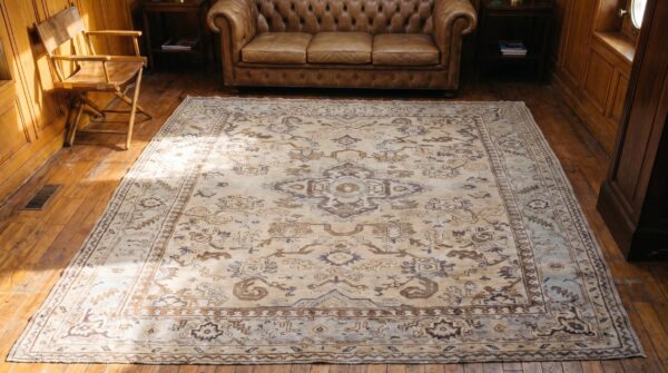 Light cream color antique tribal geometric turkish room size oushak carpet 2 Light cream color antique tribal geometric turkish room size oushak carpet (sku 18870) - styled overhead view