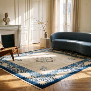 Antique Light Cream Ivory Open Field Color Floral Medallion Peking Chinese Rug (SKU 19771) - room view