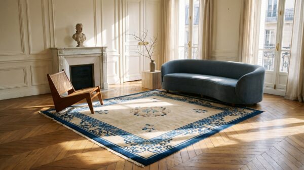 Antique light cream ivory open field color floral medallion peking chinese rug (sku 19771) - room view