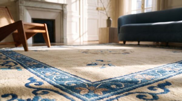 Antique light cream ivory open field color floral medallion peking chinese rug (sku 19771) - in-room detail