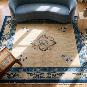 Antique Light Cream Ivory Open Field Color Floral Medallion Peking Chinese Rug (SKU 19771) - styled overhead view