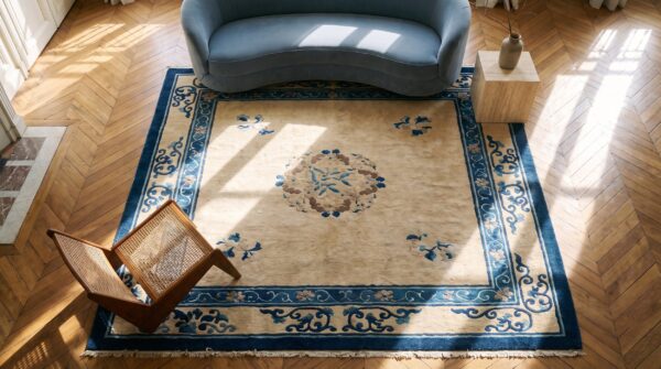 Antique light cream ivory open field color floral medallion peking chinese rug (sku 19771) - styled overhead view