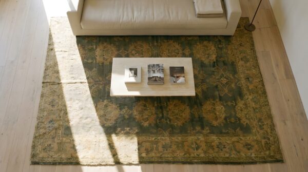 Light decorative gray color large scale design antique turkish oushak carpet 2 Light decorative gray color large scale design antique turkish oushak carpet (sku 24788) - styled overhead view