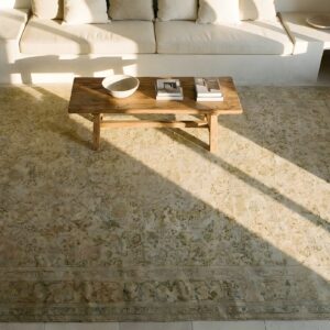 Light Decorative Washed Out Cream Color Antique Oversized Fine Persian Tabriz Carpet (SKU 23245) - styled overhead view