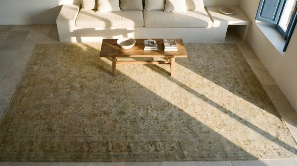 Light decorative washed out cream color antique oversized fine persian tabriz carpet 2 Light decorative washed out cream color antique oversized fine persian tabriz carpet (sku 23245) - styled overhead view