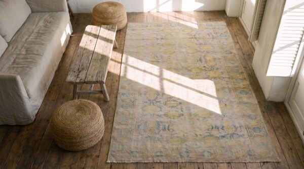 Light decorative washed out antique small indian cotton agra rug 2 Light decorative washed out antique small indian cotton agra rug (sku 21152) - styled overhead view