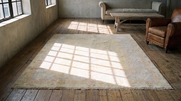 Light decorative washed out yellow color antique indian cotton agra rug 7 Light decorative washed out yellow color antique indian cotton agra rug (sku 20367) - room view