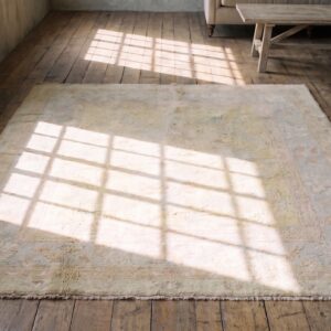 Light Decorative Washed Out Yellow Color Antique Indian Cotton Agra Rug (SKU 20367) - styled overhead view