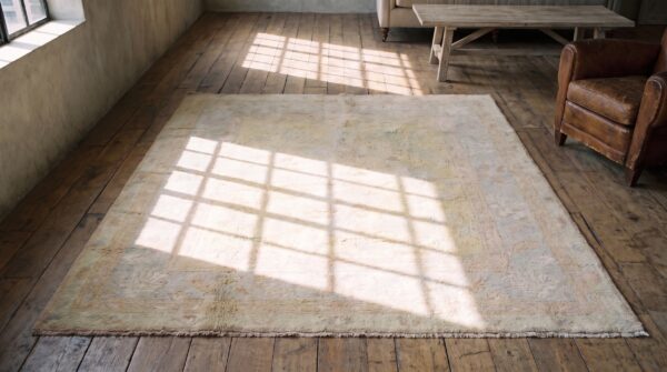 Light decorative washed out yellow color antique indian cotton agra rug 2 Light decorative washed out yellow color antique indian cotton agra rug (sku 20367) - styled overhead view
