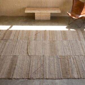 Light Earthy Stripped Pattern Early 20th Century Northwest Persian Flat Weave Kilim Rug (SKU 19396) - styled overhead view