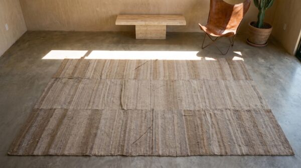 Light earthy stripped pattern early 20th century northwest persian flat weave kilim rug 2 Light earthy stripped pattern early 20th century northwest persian flat weave kilim rug (sku 19396) - styled overhead view