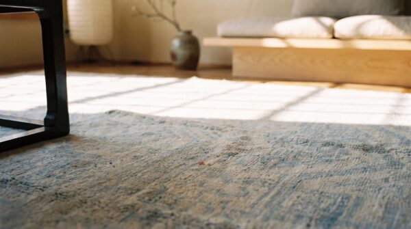 Light faded blue color antique geometric small size cotton agra rug 7 Light faded blue color antique geometric small size cotton agra rug (sku 19971) - in-room detail
