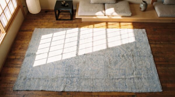 Light faded blue color antique geometric small size cotton agra rug 2 Light faded blue color antique geometric small size cotton agra rug (sku 19971) - styled overhead view