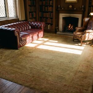 Light Faded Neutral Antique Room Size Turkish Oushak Medallion Rug (SKU 24802) - room view
