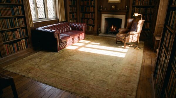 Light faded neutral antique room size turkish oushak medallion rug 10 Light faded neutral antique room size turkish oushak medallion rug (sku 24802) - room view