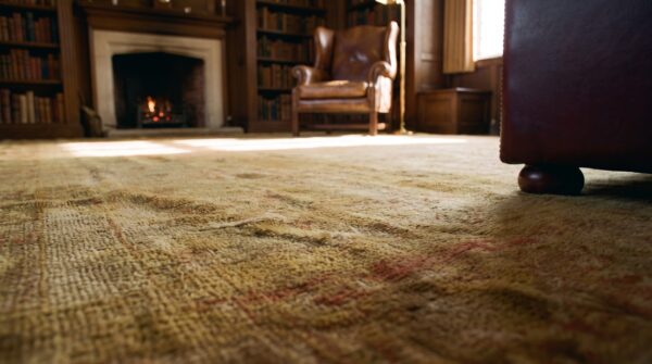 Light faded neutral antique room size turkish oushak medallion rug 11 Light faded neutral antique room size turkish oushak medallion rug (sku 24802) - in-room detail