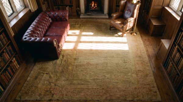 Light faded neutral antique room size turkish oushak medallion rug 2 Light faded neutral antique room size turkish oushak medallion rug (sku 24802) - styled overhead view