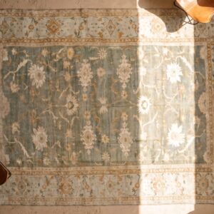 Light Green Color Tribal Large Scale Antique 19th Century Persian Ziegler Sultanabad Carpet (SKU 18703) - styled overhead view