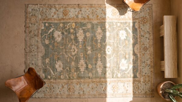 Light green color tribal large scale antique 19th century persian ziegler sultanabad carpet 2 Light green color tribal large scale antique 19th century persian ziegler sultanabad carpet (sku 18703) - styled overhead view