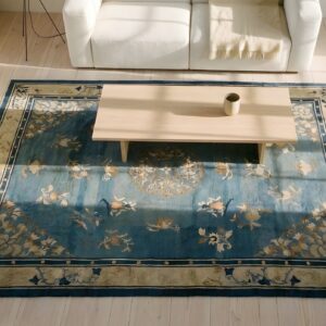 Antique Light Grey Blue Color Medallion Design Peking Chinese Rug (SKU 23813) - styled overhead view