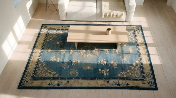 Antique light grey blue color medallion design peking chinese rug (sku 23813) - styled overhead view