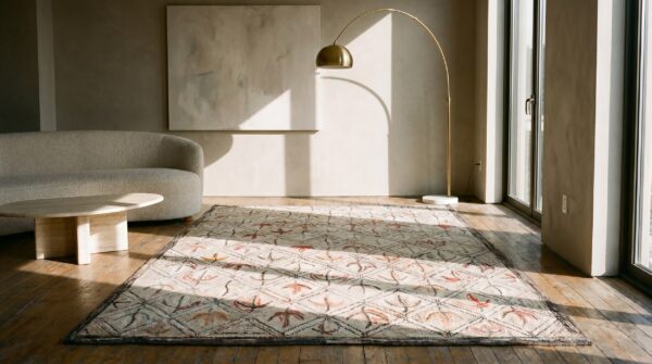 Light ivory antique american folk art leaf pattern hooked cotton rug 6 Light ivory antique american folk art leaf pattern hooked cotton rug (sku 19418) - room view