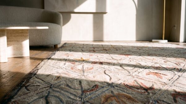 Light ivory antique american folk art leaf pattern hooked cotton rug 7 Light ivory antique american folk art leaf pattern hooked cotton rug (sku 19418) - in-room detail