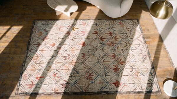 Light ivory antique american folk art leaf pattern hooked cotton rug 2 Light ivory antique american folk art leaf pattern hooked cotton rug (sku 19418) - styled overhead view