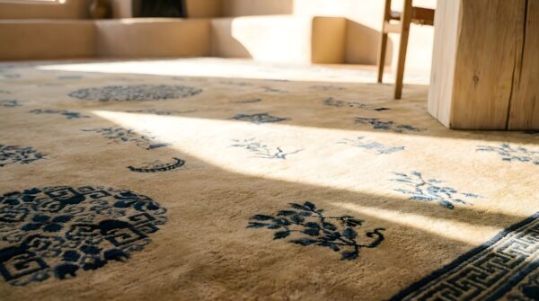 Light ivory and blue very big antique chinese wool pile peking carpet 8 Light ivory and blue very big antique chinese wool pile peking carpet (sku 25581) - in-room detail