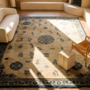 Light Ivory and Blue Very Big Antique Chinese Wool Pile Peking Carpet (SKU 25581) - styled overhead view