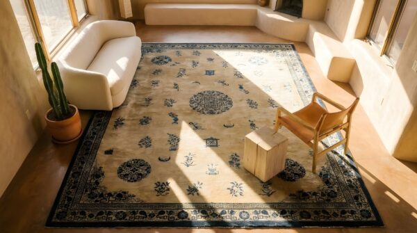 Light ivory and blue very big antique chinese wool pile peking carpet 2 Light ivory and blue very big antique chinese wool pile peking carpet (sku 25581) - styled overhead view