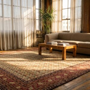 Light Ivory Color Allover Floral Motif Antique Indian Room Size Agra Rug (SKU 18436) - room view