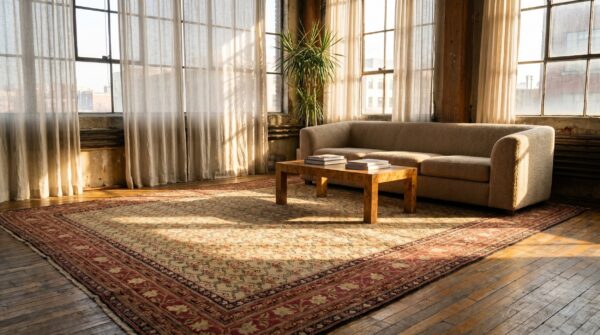 Light ivory color allover floral motif antique indian room size agra rug 10 Light ivory color allover floral motif antique indian room size agra rug (sku 18436) - room view