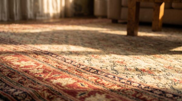 Light ivory color allover floral motif antique indian room size agra rug 11 Light ivory color allover floral motif antique indian room size agra rug (sku 18436) - in-room detail