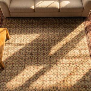 Light Ivory Color Allover Floral Motif Antique Indian Room Size Agra Rug (SKU 18436) - styled overhead view