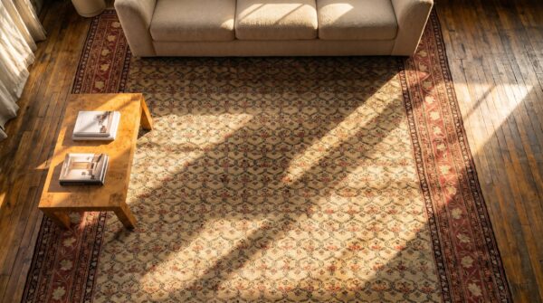 Light ivory color allover floral motif antique indian room size agra rug 2 Light ivory color allover floral motif antique indian room size agra rug (sku 18436) - styled overhead view