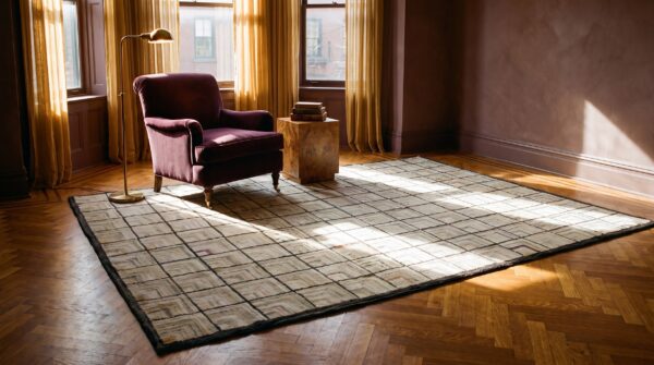 Light ivory color antique american folk art geometric log cabin pattern hooked rug 8 Light ivory color antique american folk art geometric log cabin pattern hooked rug (sku 17486) - room view