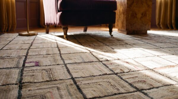 Light ivory color antique american folk art geometric log cabin pattern hooked rug 9 Light ivory color antique american folk art geometric log cabin pattern hooked rug (sku 17486) - in-room detail
