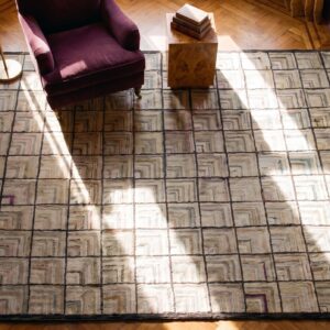 Light Ivory Color Antique American Folk Art Geometric Log Cabin Pattern Hooked Rug (SKU 17486) - styled overhead view