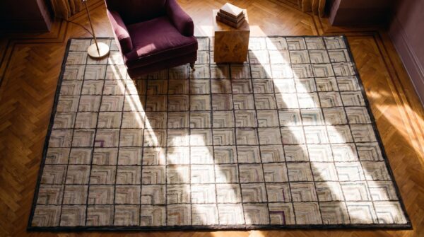 Light ivory color antique american folk art geometric log cabin pattern hooked rug 2 Light ivory color antique american folk art geometric log cabin pattern hooked rug (sku 17486) - styled overhead view