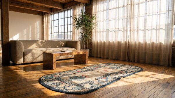 Light ivory color antique wool pile chinese saddle horse cover rug 5 Light ivory color antique wool pile chinese saddle horse cover rug (sku 21905) - room view