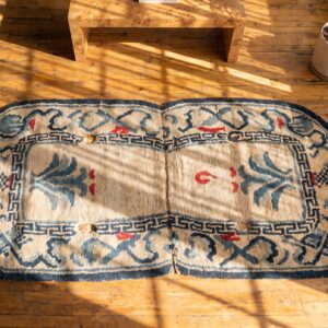 Light Ivory Color Antique Wool Pile Chinese Saddle Horse Cover Rug (SKU 21905) - styled overhead view
