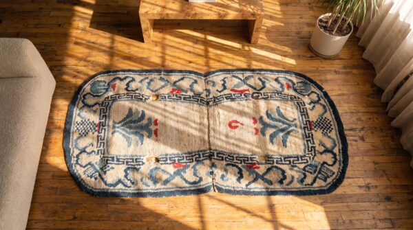 Light ivory color antique wool pile chinese saddle horse cover rug 2 Light ivory color antique wool pile chinese saddle horse cover rug (sku 21905) - styled overhead view