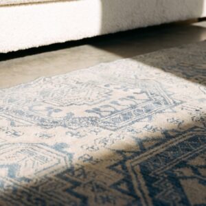 Antique Light Ivory Color Faded Blue Geometric Design Cotton Agra Rug From India (SKU 20129) - in-room detail