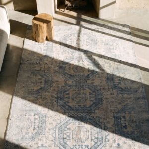 Antique Light Ivory Color Faded Blue Geometric Design Cotton Agra Rug From India (SKU 20129) - styled overhead view