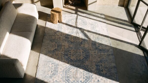 Antique light ivory color faded blue geometric design cotton agra rug from india 2 Antique light ivory color faded blue geometric design cotton agra rug from india (sku 20129) - styled overhead view