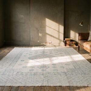Light Ivory Color Antique Indian Tribal Geometric Floral Pattern Cotton Agra Gallery Carpet (SKU 19465) - room view
