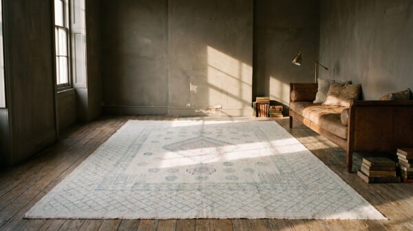 Light ivory color antique indian tribal geometric floral pattern cotton agra gallery carpet 10 Light ivory color antique indian tribal geometric floral pattern cotton agra gallery carpet (sku 19465) - room view